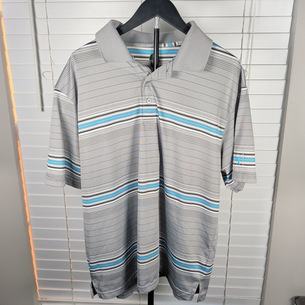 PGA Tour Pro Series Polo Shirt Mens XL Gray Blue Striped Golf Top Excellent
